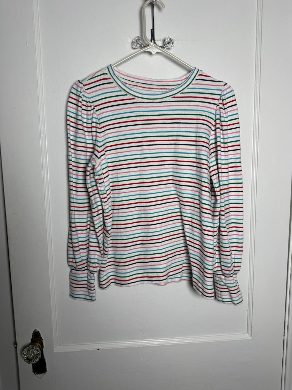 LOFT Striped Puff Sleeve Top Women M Multicolor Long Sleeve Preppy Cotton Tee